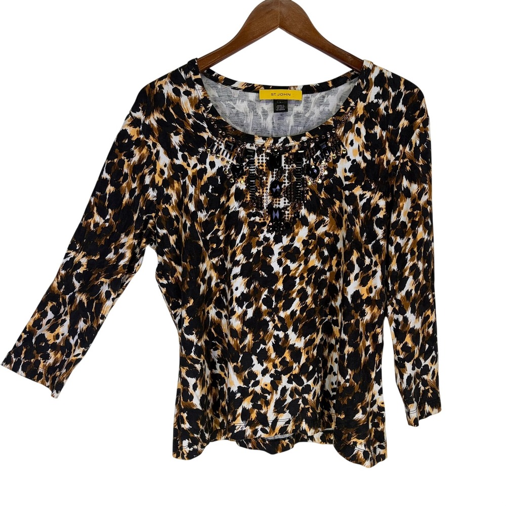 St John Womens Leopard Print Embellished Top L Brown Mob Wife Glam Designer Chic